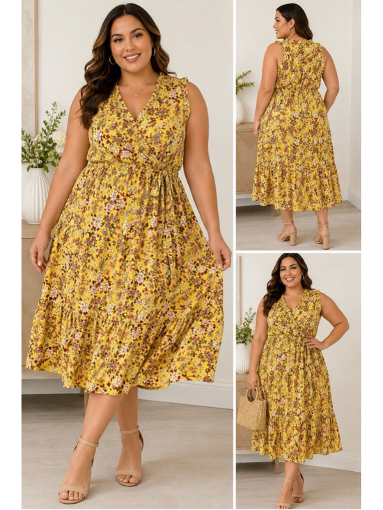 Flowers Dresses & Skirts - NWT London Times 22W Yellow Floral Wrap Midi Dress Plus Size Sleeveless Ruffle